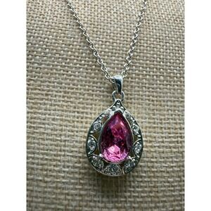 NRT Pink Pear Crystal Teardrop Pendant Necklace Silver Tone 18 Inch Chain